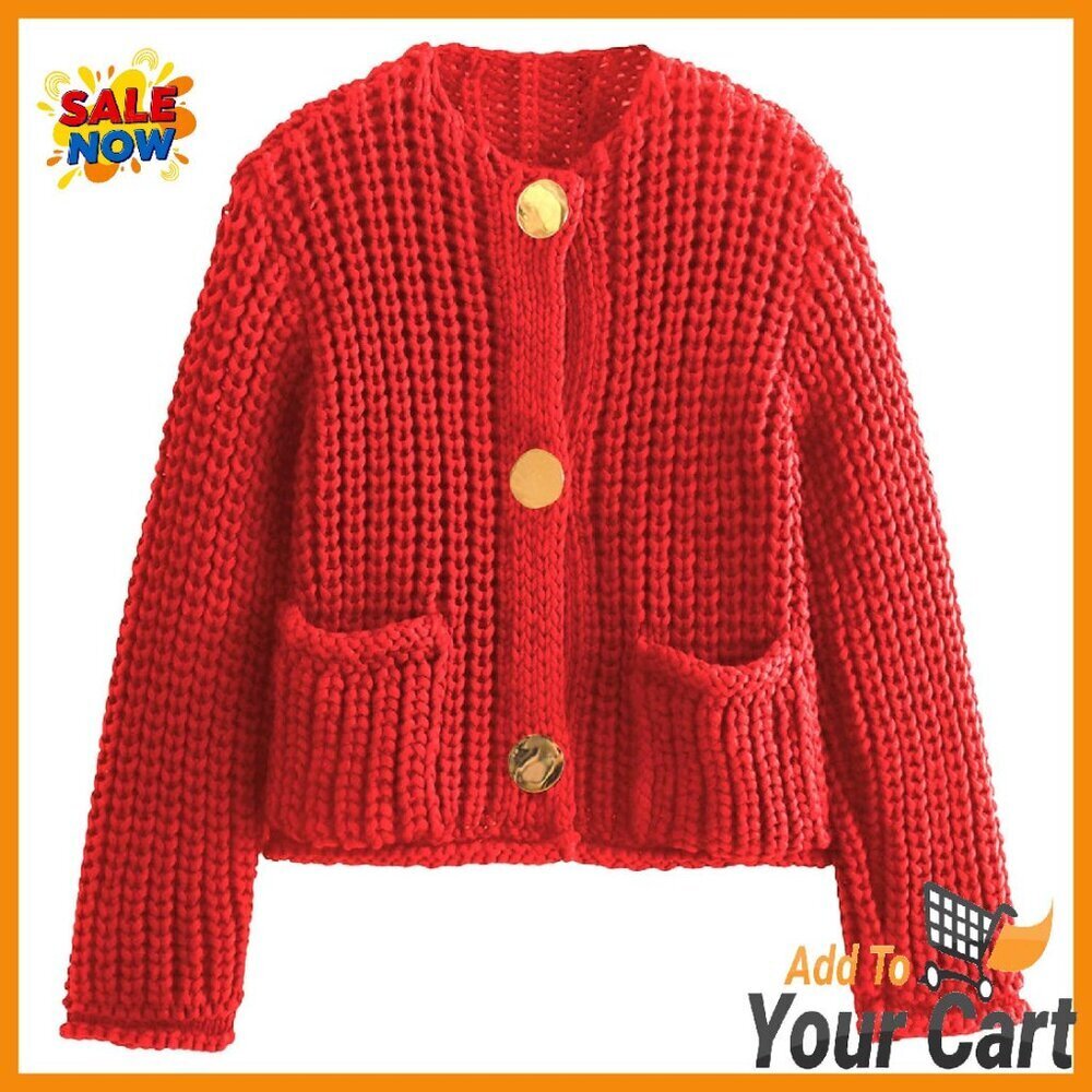 Cropped Chunky Knit Cardigan Open Front Button Down Long Sleeve